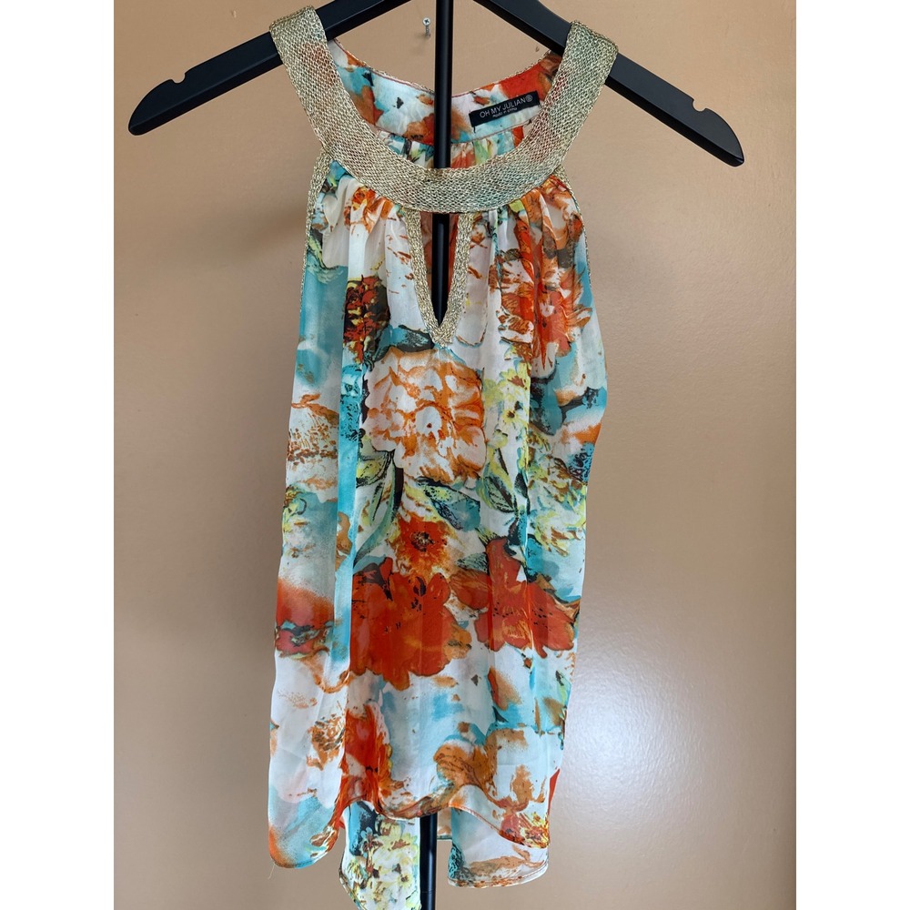 Oh‎ My Julian Floral Halter Top Gold Metallic Trim Keyhole Chiffon Blouse Small